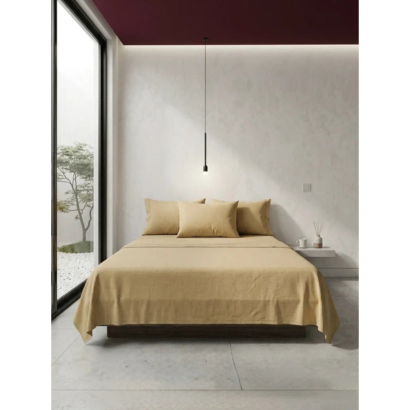 Juego De Sabanas King Size Leonora Percal Algodón 144h Lisas Beige Beige Claro