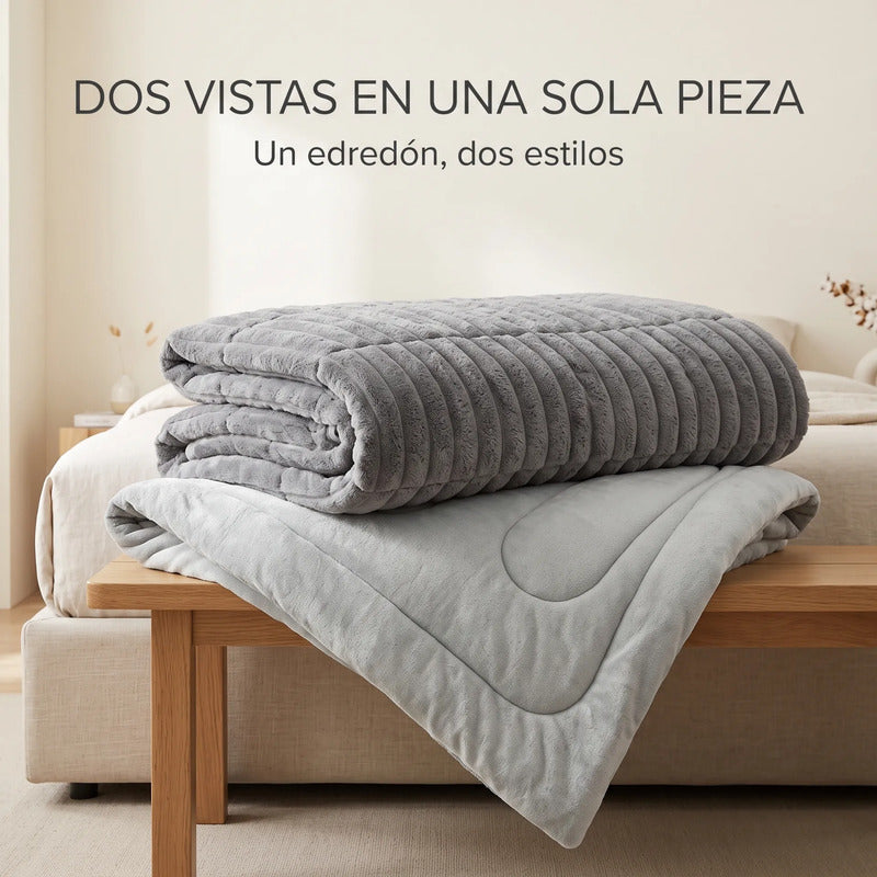 Edredón Matrimonial Acolchado Doble Vista Textura Térmica Gris Piel De Conejo