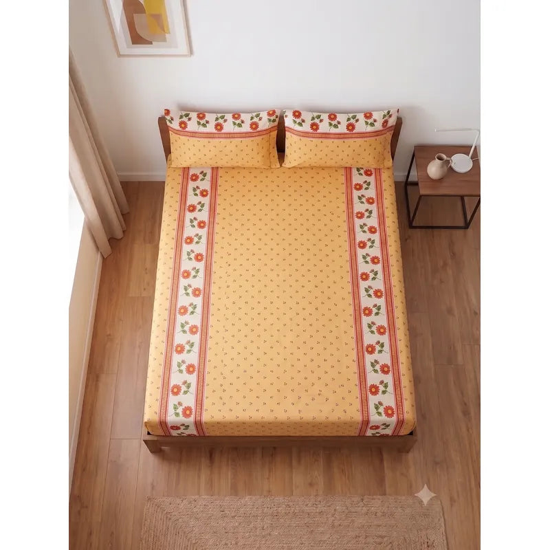 Sábana De Cajón Matrimonial +2 Fundas De Almohada Algodón Naranja Claro Mini Flor Naranja