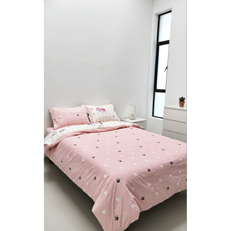 Edredón Premium Duvet Dos Vistas Matri Con Relleno Incluido Rosa Gatito Piojito Algodón Alta Densidad