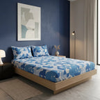 Sábana De Cajón Matrimonial +2 Fundas De Almohada Algodón Azul Acero Circular Azul