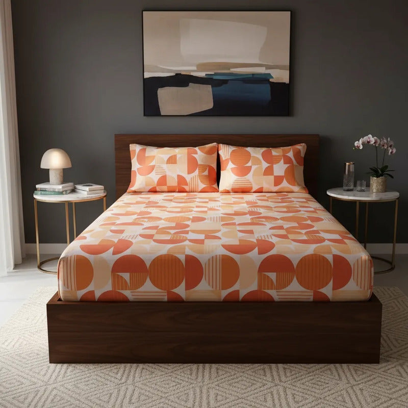 Sábana De Cajón Matrimonial +2 Fundas De Almohada Algodón Naranja Circular Naranja