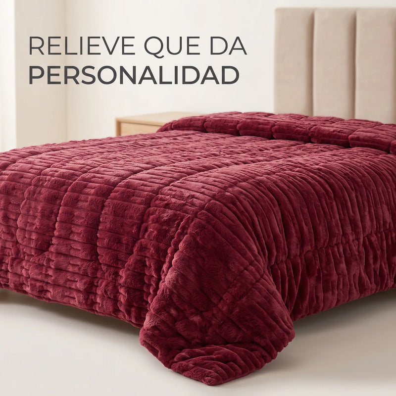 Edredón Matrimonial Acolchado Doble Vista Textura Térmica Vino Piel De Conejo