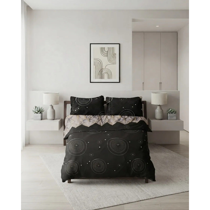 Juego De Sabana Matrimonial Leonora Tacto Suave Y Fresco Negro Circular Pop