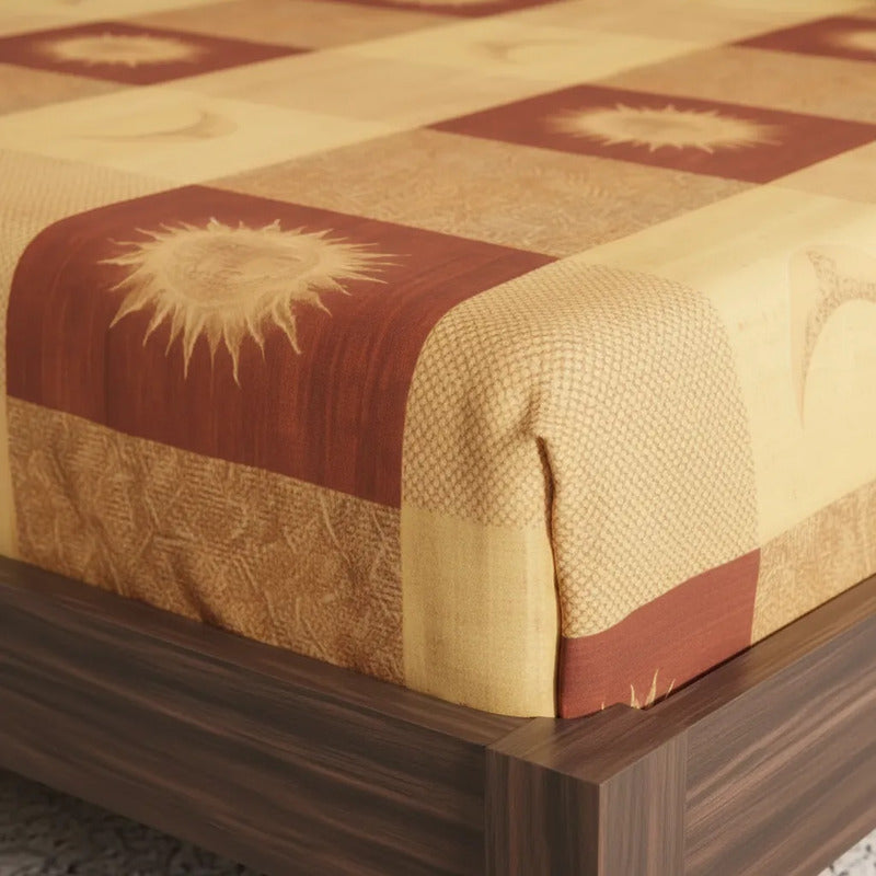 Sábana De Cajón Matrimonial +2 Fundas De Almohada Algodón Dorado Oscuro Sol Y Luna Cafe