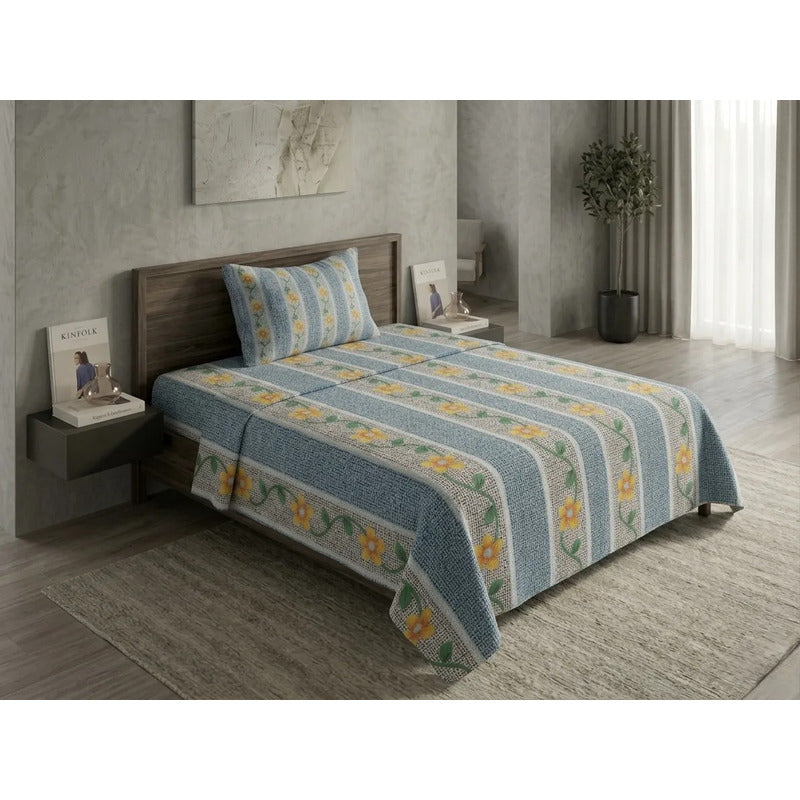 Juego De Sábana Mariol Individual 100% Algodón Premium Azul Acero Petalo Pop Azul