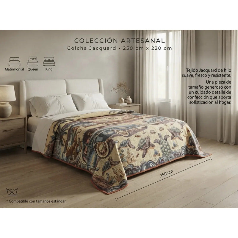 Colcha De Hilo Jacquard Leonora Premium Matrimonial Amplia Coral Ban Coral/azul