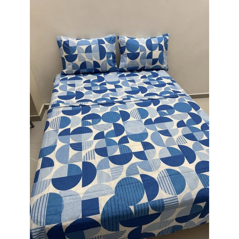 Juego De Sabana Matrimonial 100% Algodón Suaves Y Frescas Azul Circular Azul