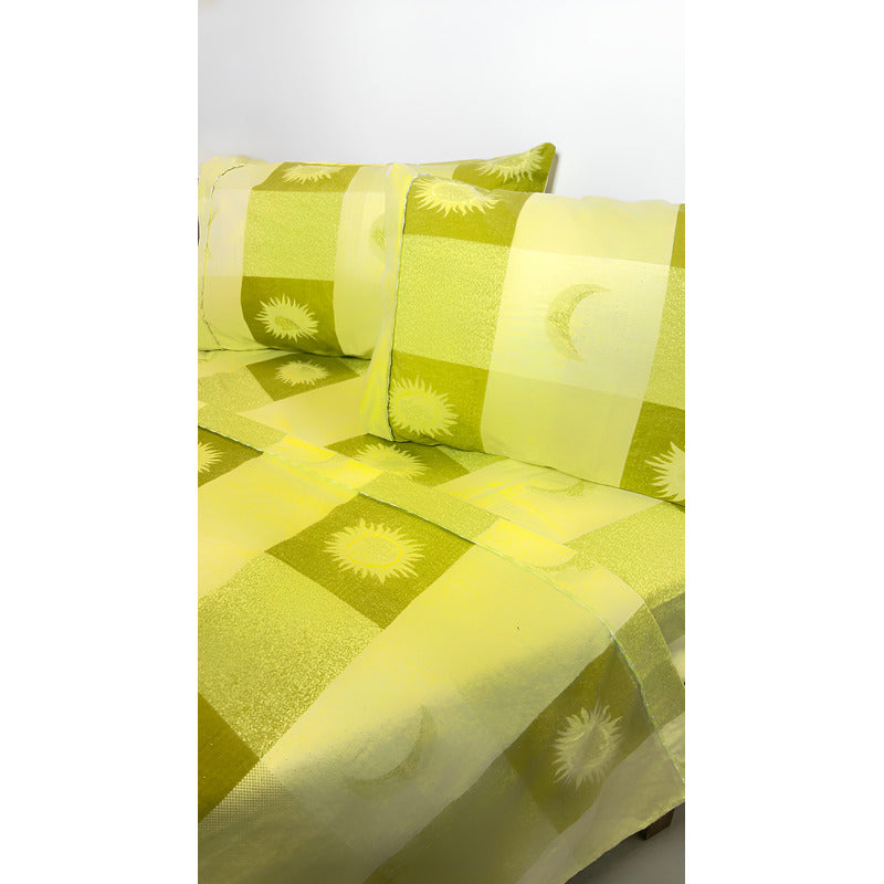 Juego De Sabanas Franela Mariol 100% Algodón Matrimonial Verde Claro Verde Soles_lunas