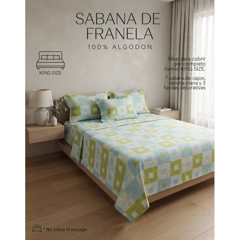 Juego De Sabanas Franela Mariol 100% Algodón King Size Azul Claro Milan Azul/verde