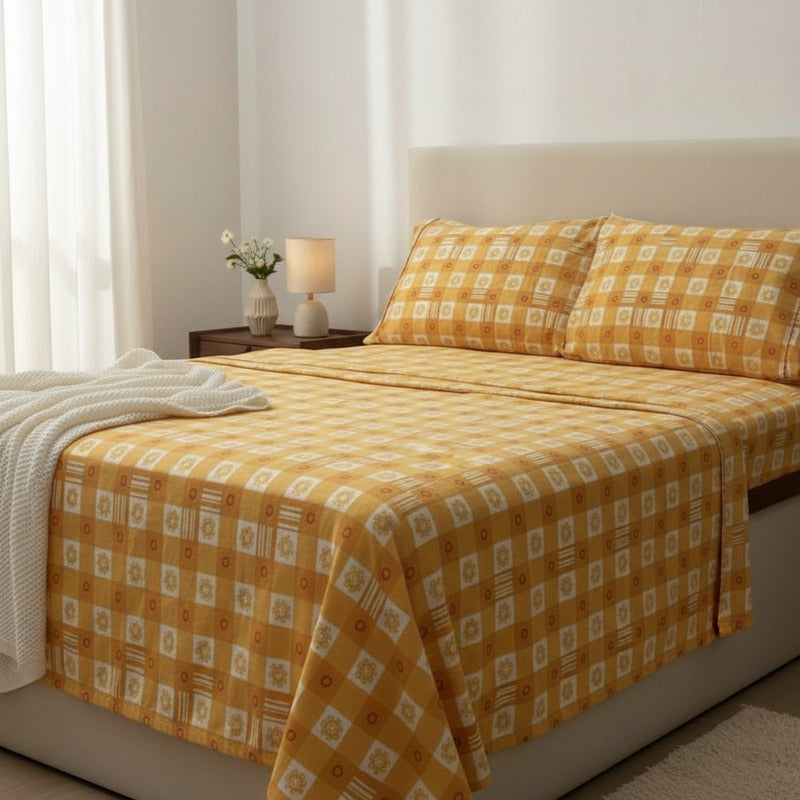 Juego De Sabanas Franela Mariol 100% Algodón Matrimonial Amarillo Cuadro Flor Amarilla