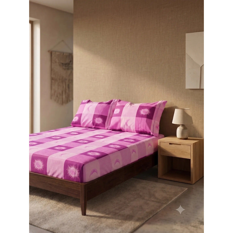 Sábana De Cajón Matrimonial +2 Fundas De Almohada Algodón Violeta Sol Y Luna Morado