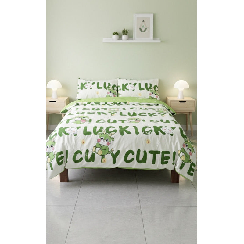Edredón Premium Duvet Dos Vistas Matri Con Relleno Incluido Verde Corazón Monstruito Lucky Algodón Alta Densidad