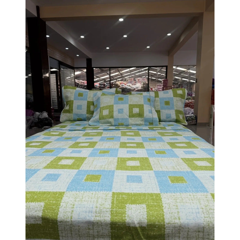 Juego De Sabanas Franela Mariol 100% Algodón King Size Azul Claro Milan Azul/verde