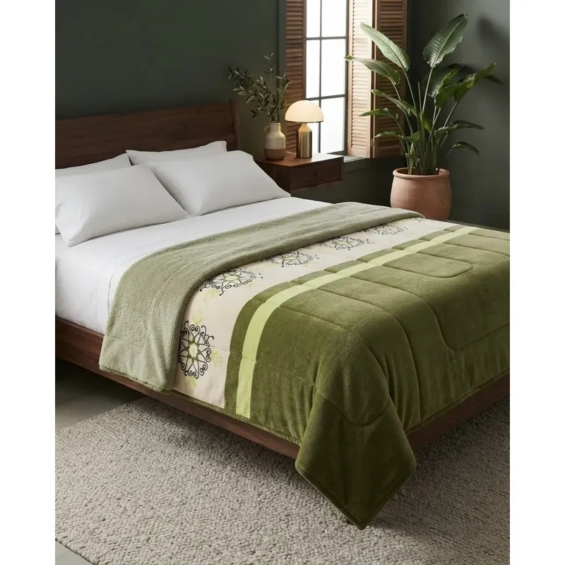Cobertor Borrega Amanecer | Matrimonial, Suave Y Acolchado Verde Mándala Verde