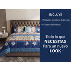 Edredon King Size Doble Vista +3 Cojines Decorativos Algodón Azul Laberinto Floreado