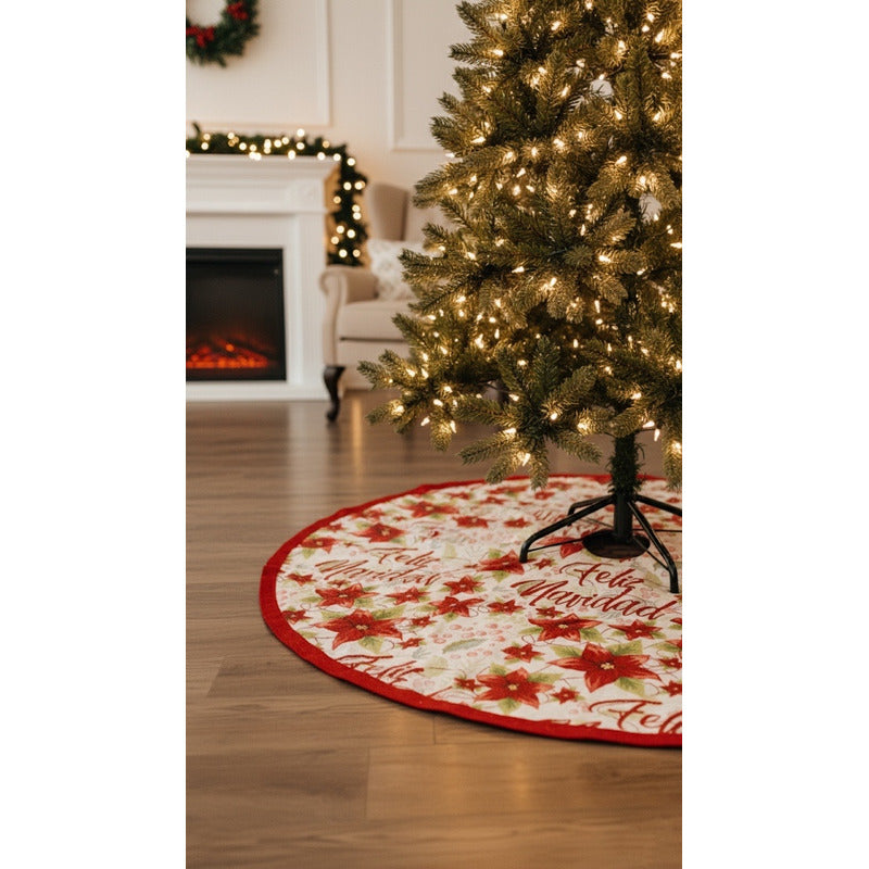 Kit Navideño: Camino De Mesa, Pie De Árbol, Fundas Y Tapete Beige Feliz Navidad