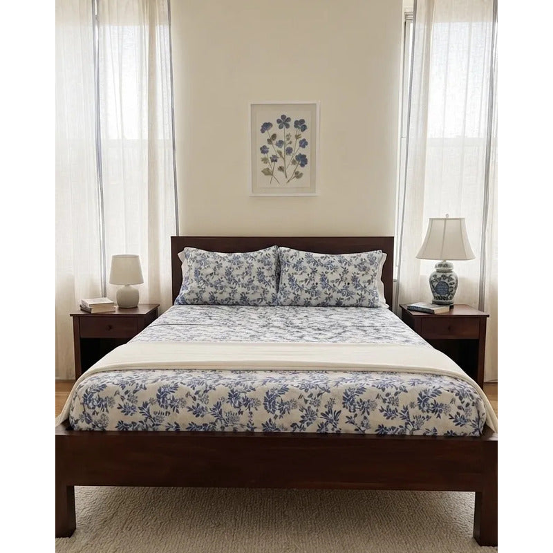 Juego De Sabanas Franela Mariol 100% Algodón Matrimonial Azul Claro Floresta Azul