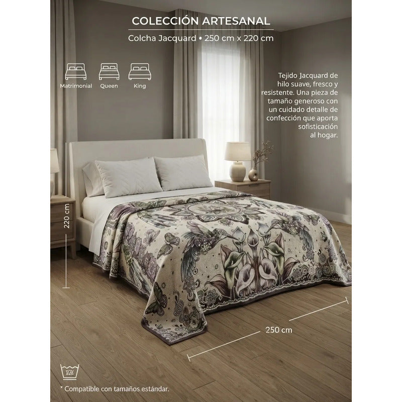 Colcha De Hilo Jacquard Leonora Premium Matrimonial Amplia Marrón Claro Colibríes Cafe/ Morado