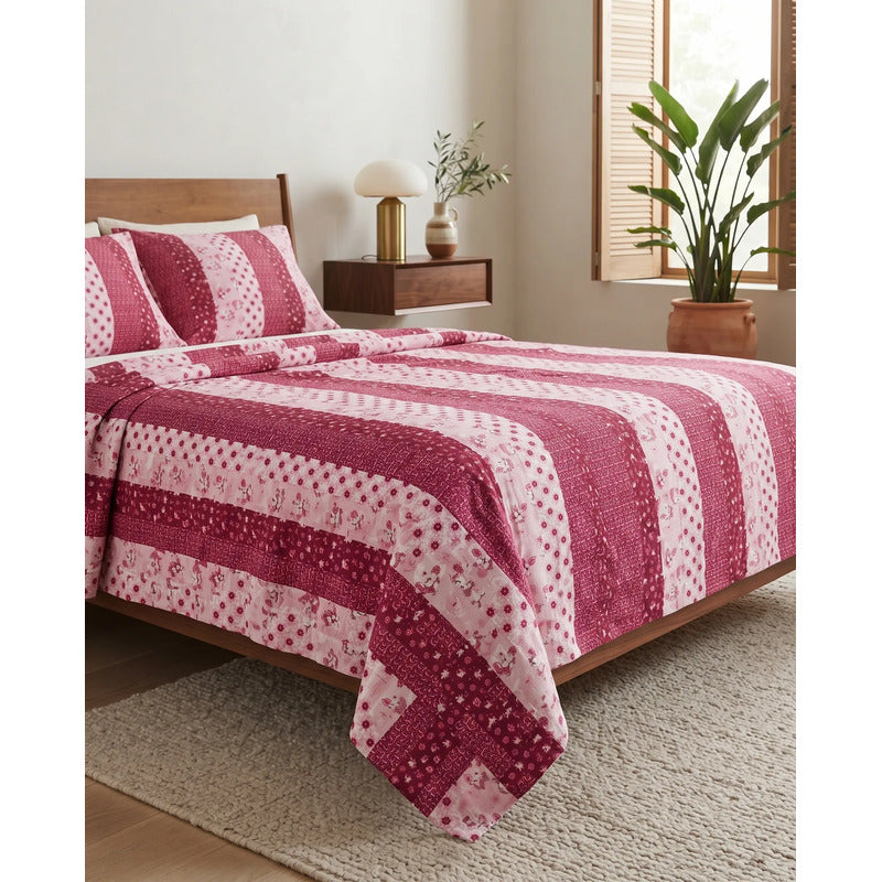 Juego De Sabanas Franela Mariol 100% Algodón Matrimonial Rosa Chicle Franja Silvestre