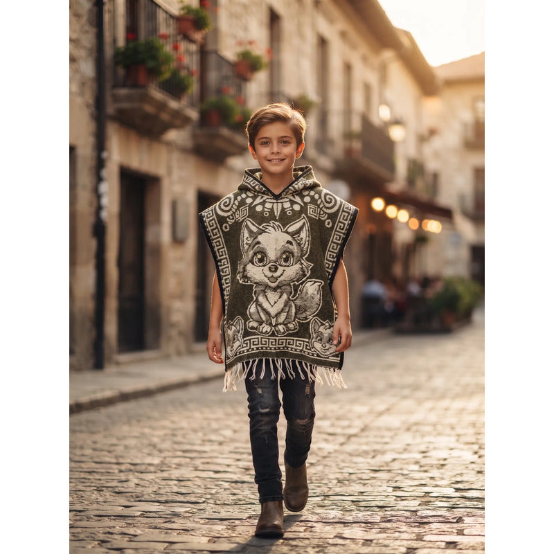 Jorongo Poncho Gaban Afelpado Infantil Artesanal Con Capucha Verde Claro Capibara 60x50