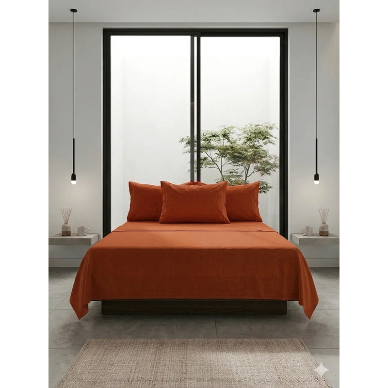 Juego De Sabanas King Size Leonora Percal Algodón 144h Lisas Naranja Oscuro Liso Shedron