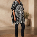Jorongo Poncho Gaban Afelpado Unitalla Artesanal Grande Negro Azteca Y Grecas 1mx1m