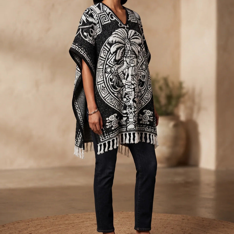Jorongo Poncho Gaban Afelpado Unitalla Artesanal Grande Negro Azteca Y Grecas 1mx1m