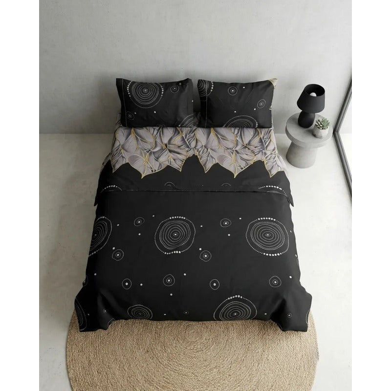 Juego De Sabana Matrimonial Leonora Tacto Suave Y Fresco Negro Circular Pop