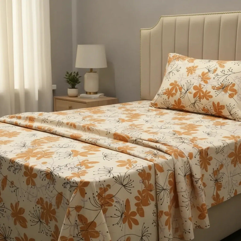 Juego De Sabanas Franela Mariol 100% Algodón Individual Naranja Floreado Naranja