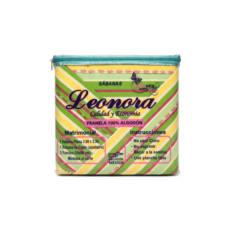 Juego De Sábanas Matrimonial Leonora Franela Planchada 2mts Verde Lima Rayada Verde/amarillo