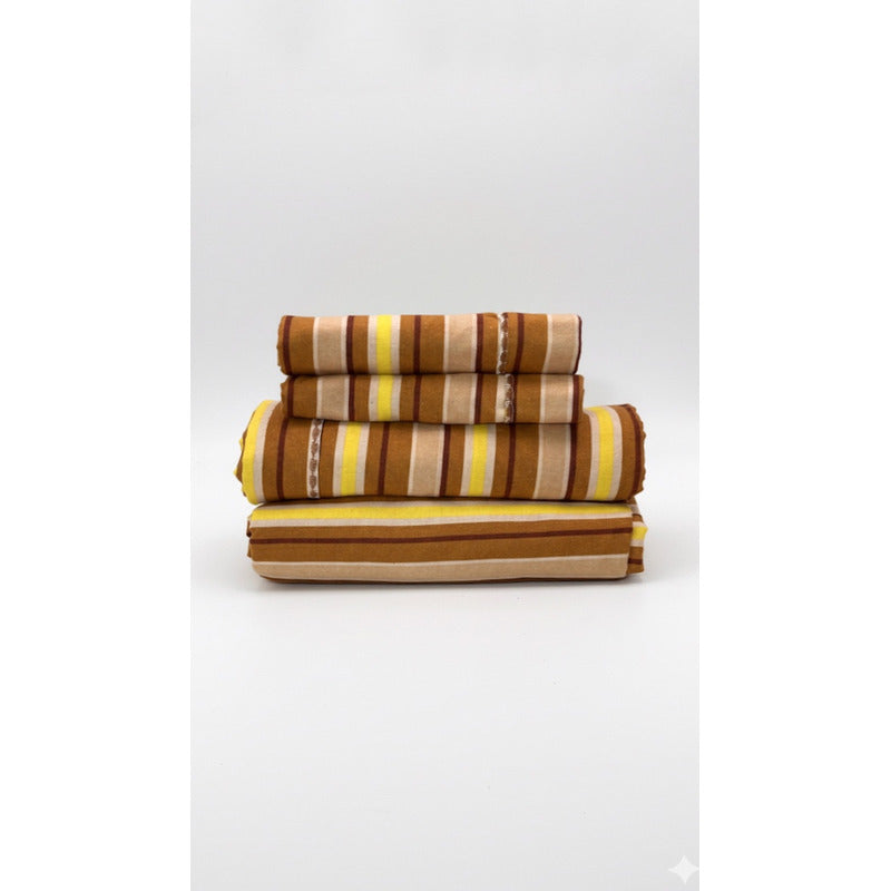 Juego De Sábanas Matrimonial Leonora Franela Planchada 2mts Marrón Rayado Café/ Amarillo