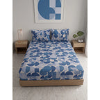 Sábana De Cajón Matrimonial +2 Fundas De Almohada Algodón Azul Acero Circular Azul