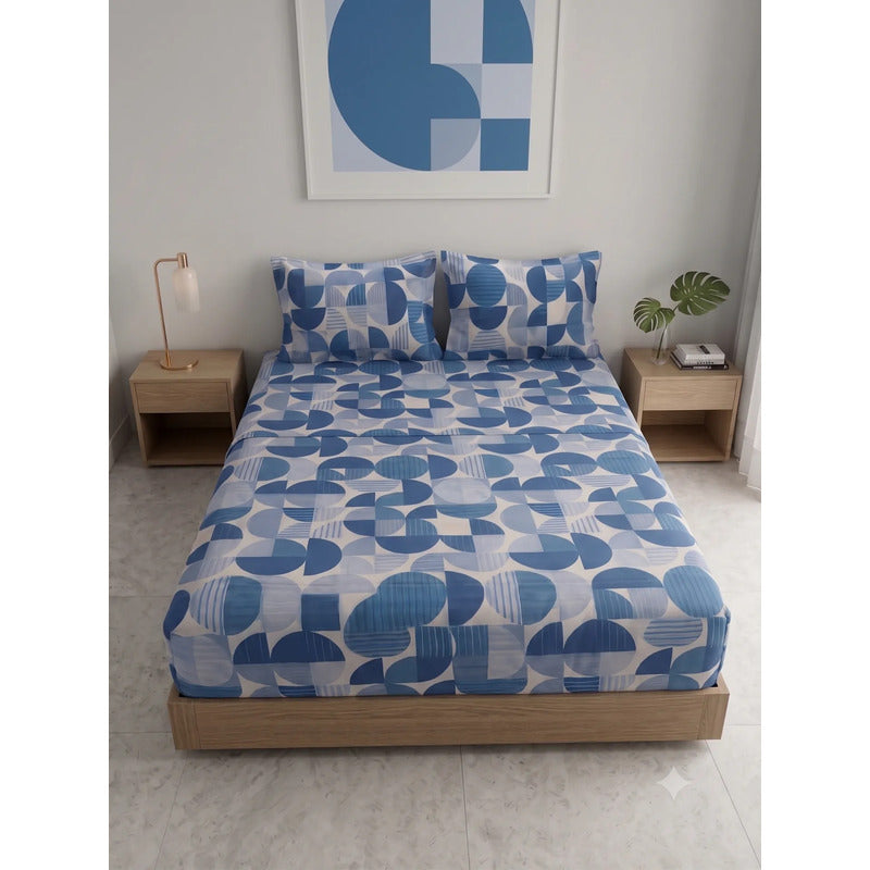 Sábana De Cajón Matrimonial +2 Fundas De Almohada Algodón Azul Acero Circular Azul