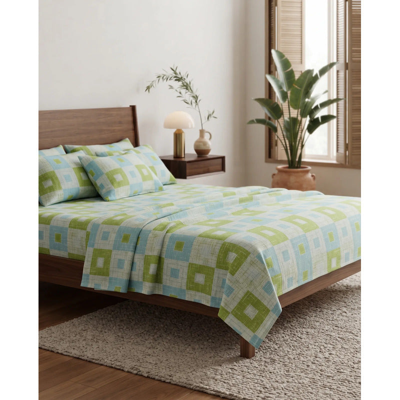 Juego De Sabanas Franela Mariol 100% Algodón King Size Azul Claro Milan Azul/verde