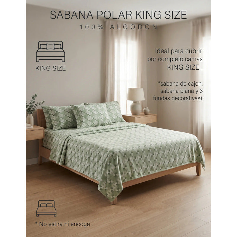 Juego De Sábanas Térmicas Polar Algodón King Size Invernal Verde Claro Mosaico Verde