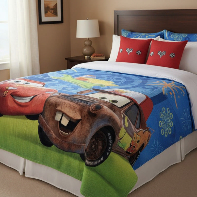 Frazada Matrimonial  Extra Suave Y Calientita Carss Mate Y Rayo Mcqueen Azul Acero