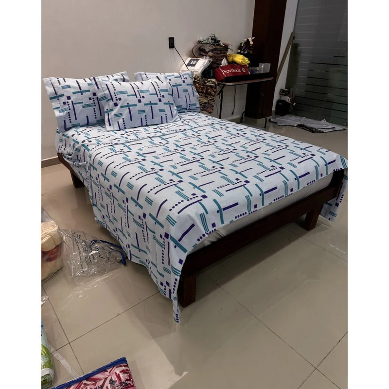 Juego De Sabanas Franela Mariol 100% Algodón King Size Azul Acero Trazos Azul