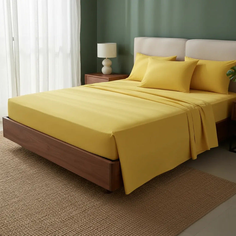 Juego De Sabanas King Size Leonora Percal Algodón 144h Lisas Amarillo Amarillo Liso