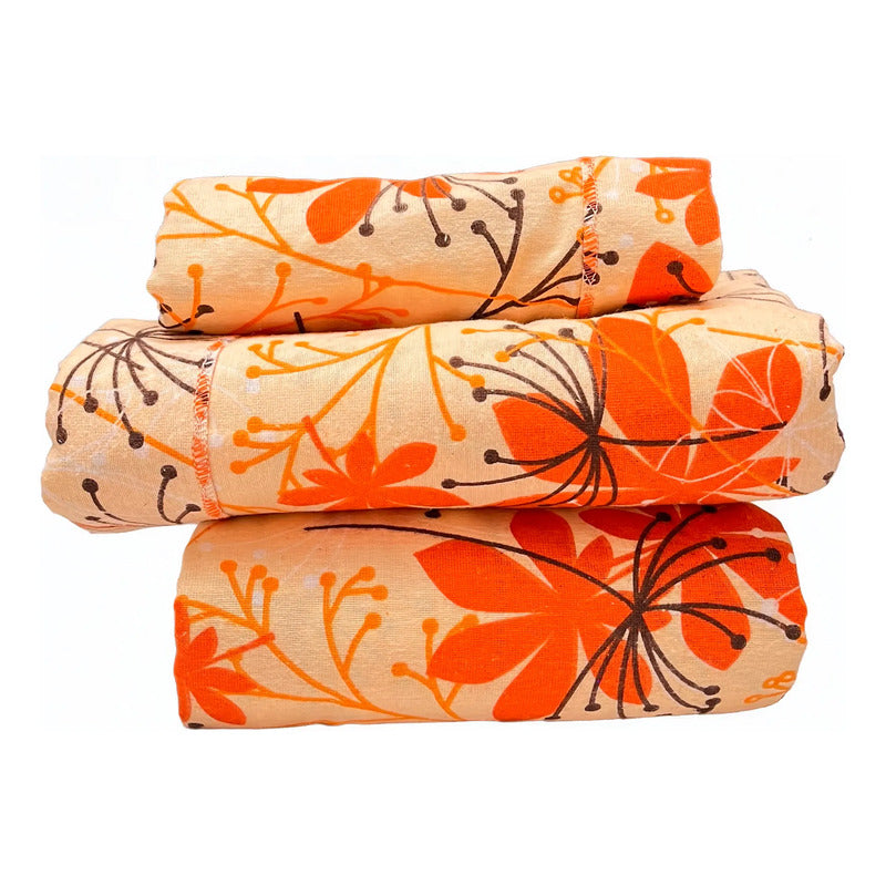 Juego De Sabanas Franela Mariol 100% Algodón Individual Naranja Floreado Naranja