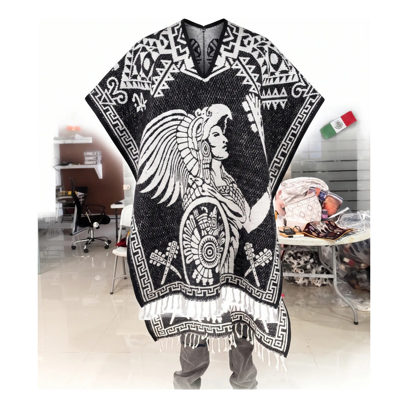Jorongo Poncho Gaban Afelpado Unitalla Artesanal Grande Negro Guerrero Aguila 1mx1m