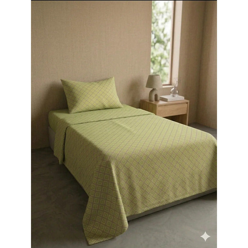 Juego De Sábana Mariol Individual 100% Algodón Premium Verde Lima Cuadro Espiral Verde