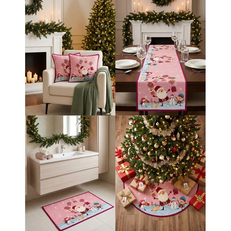 Kit Navideño: Camino De Mesa, Pie De Árbol, Fundas Y Tapete Rosa Claro