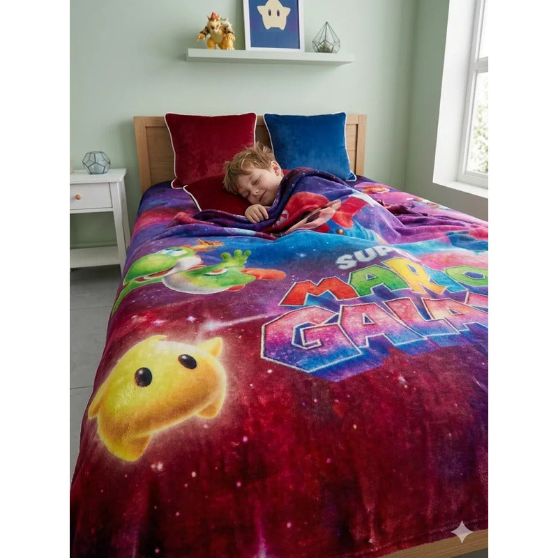 Frazada Matrimonial Providencia Mario Bros Galaxia Srp Suave Mario En El Aire Azul Oscuro