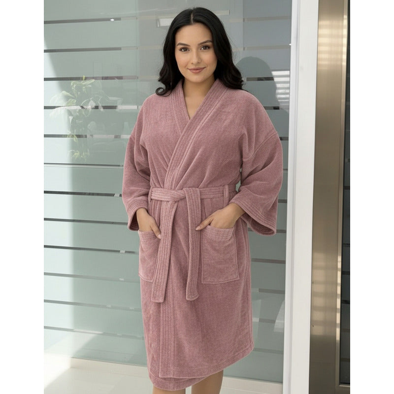 Bata De Baño Leonora Rasurada 100% Algodón Super Absorbente Rosa Peach M-l