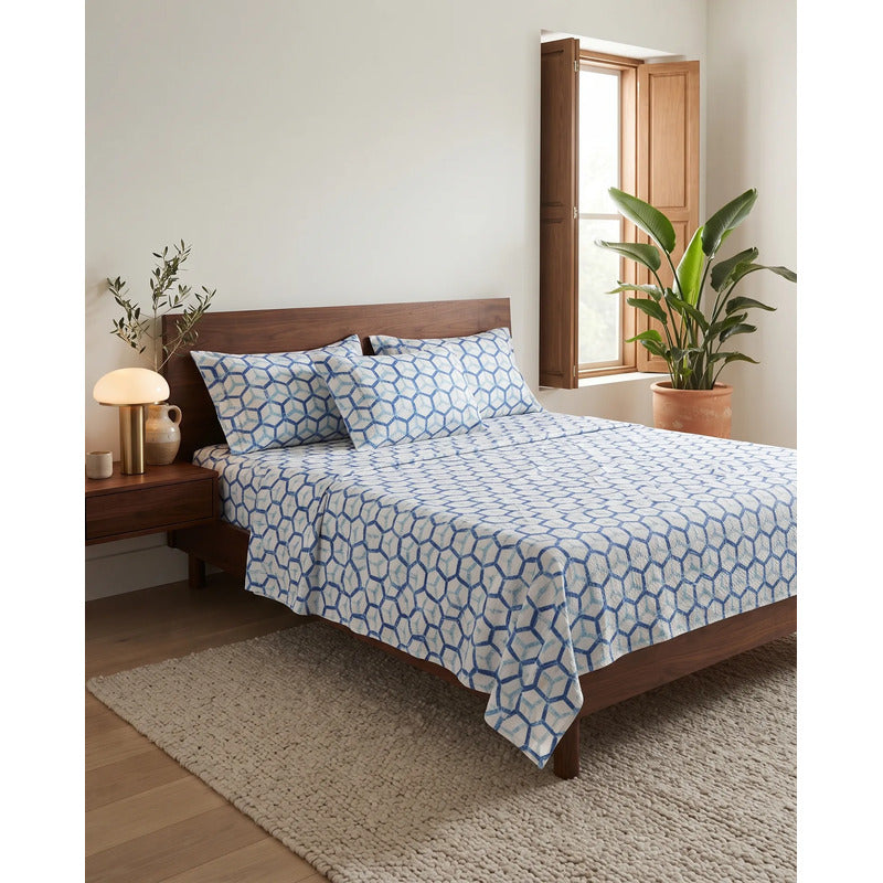 Juego De Sabanas Franela Mariol 100% Algodón King Size Azul Claro Rombo Azul