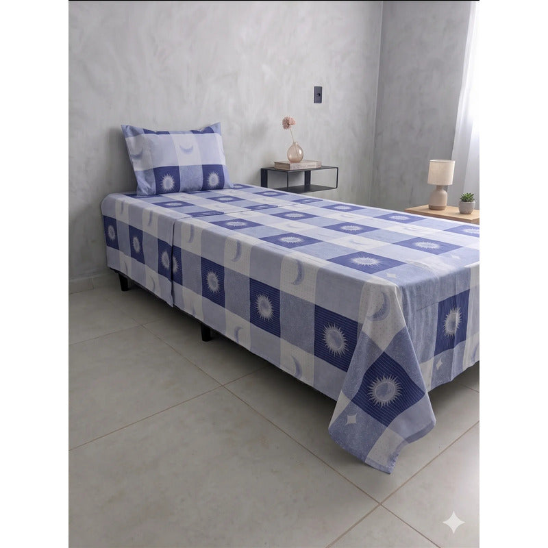 Juego De Sábana Mariol Individual 100% Algodón Premium Azul Acero Sol Y Luna Azul