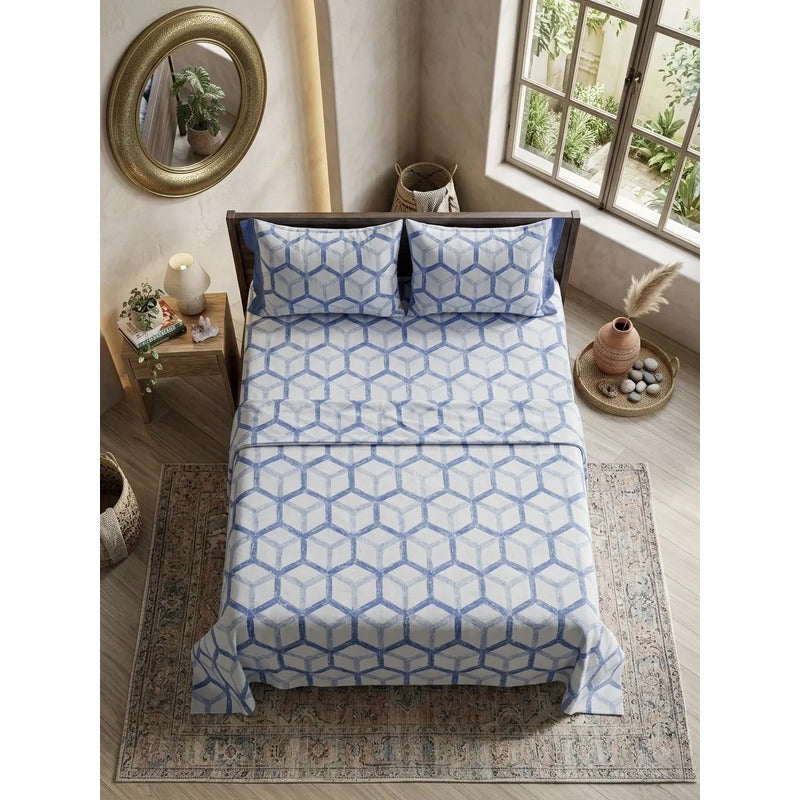 Juego Sabanas Matrimonial Amacener 100% Algodón Cajón Alto Azul Acero Rombo Azul