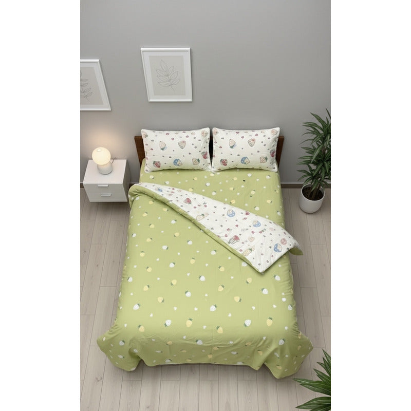 Edredón Premium Duvet Dos Vistas Matri Con Relleno Incluido Beige Conejito Capullo Fresas Algodón Alta Densidad