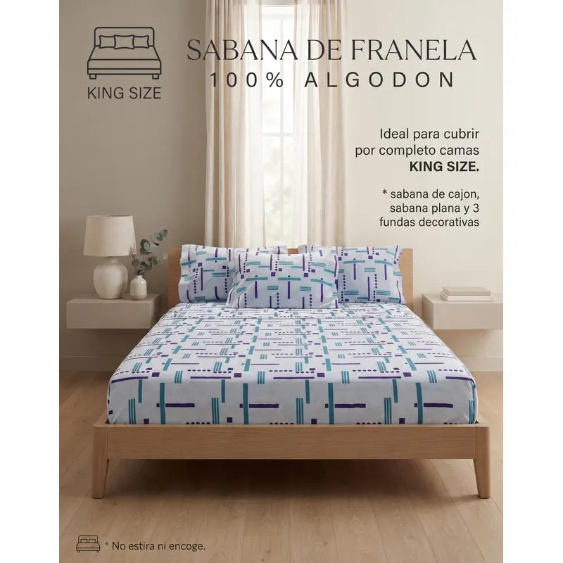 Juego De Sabanas Franela Mariol 100% Algodón King Size Azul Acero Trazos Azul